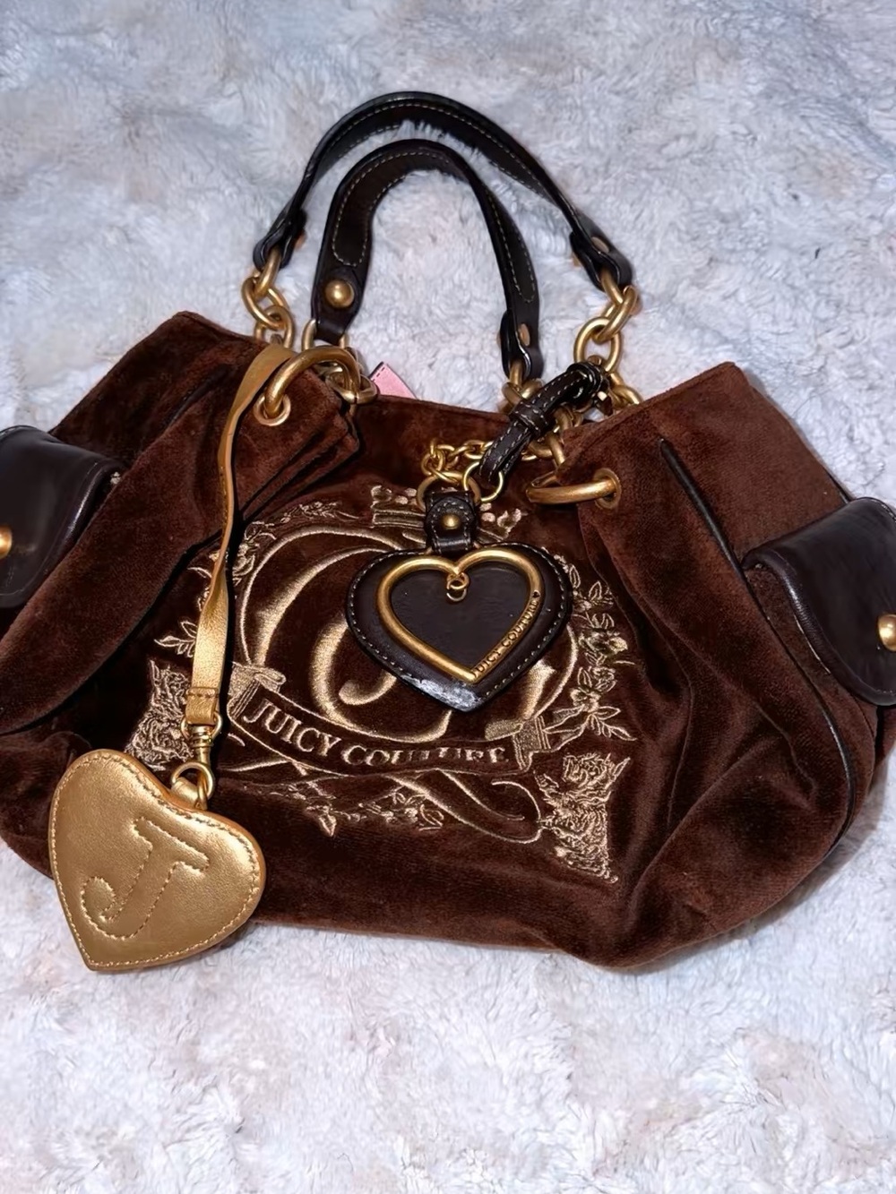Juicy Couture Brown Velvet Shoulder Bag with Gold Heart Charms